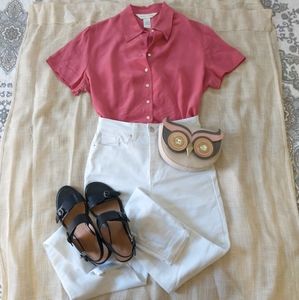 Y2K Casual corner button down shirt  coral pink 100% silk